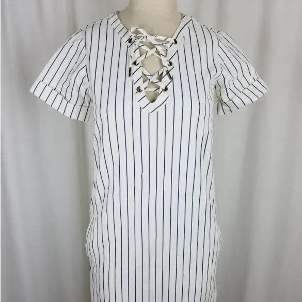 Madewell Blue Pinstripe Lace Up Dress
